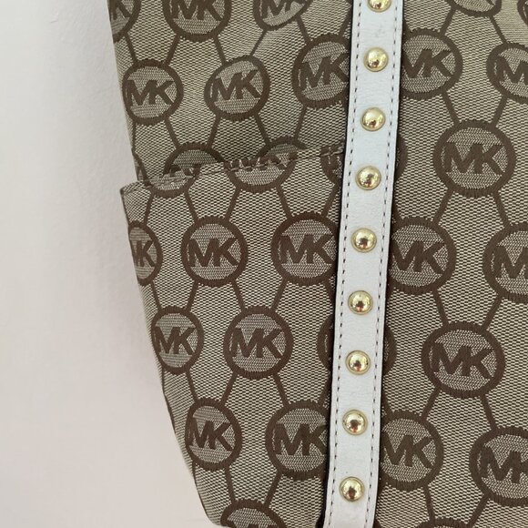 MICHAEL KORS Signature Canvas Tote Shoulder Bag Beige Leather Trim Studded - Picture 3 of 15
